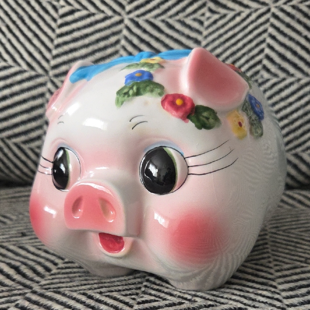VTG Ceramic Piggy Bank – Hand Painted Floral “Sweet Face” w/ Blue Bow